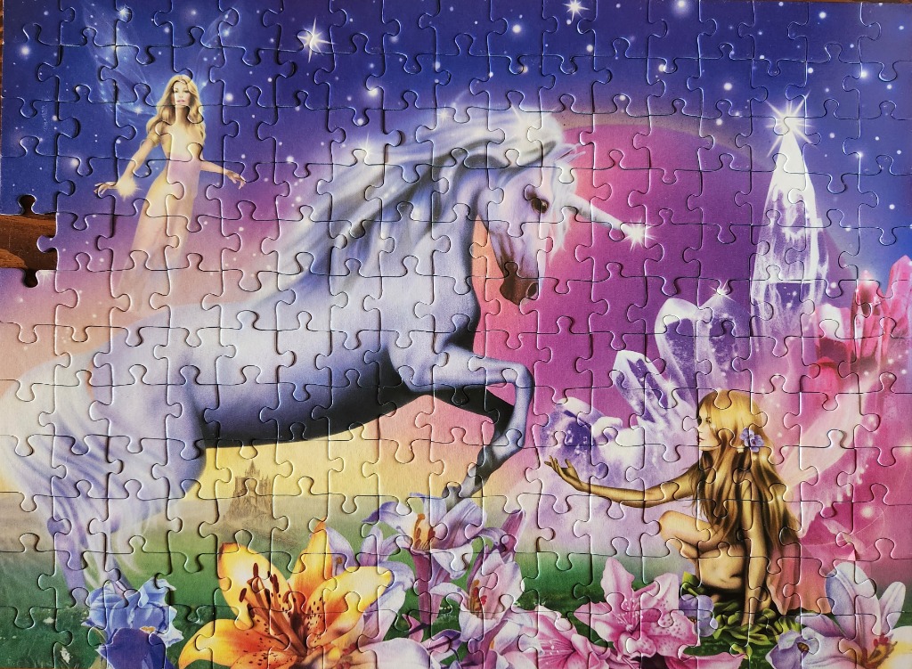 A fantasy illustration featuring a white unicorn, two ethereal women, and crystal formations against a starry sky.