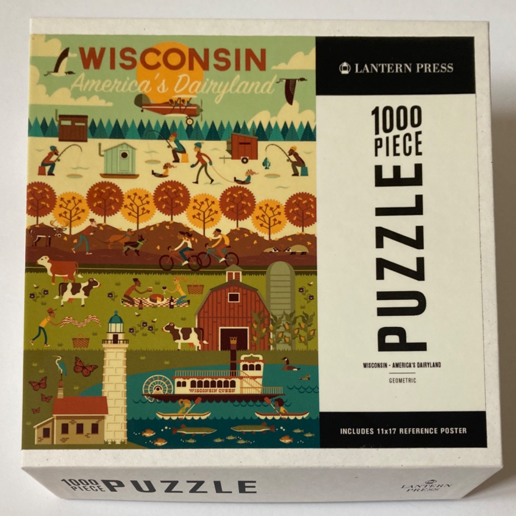 Stylized illustration of Wisconsin landmarks and activities, featuring ice fishing, a barn, a lighthouse, and a riverboat.