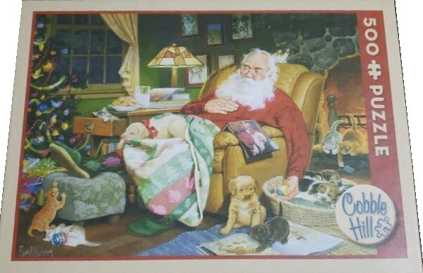 Santa Claus asleep in a comfortable armchair surrounded by many puppies and kittens.