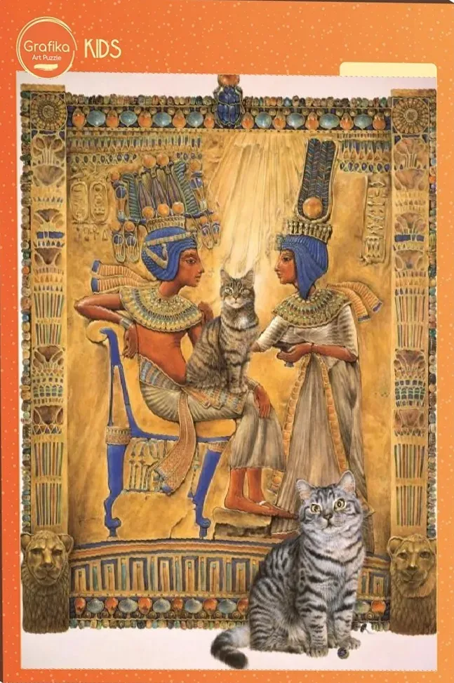 Ancient Egyptian style illustration of a seated king and queen with two tabby cats in a gilded palace setting.