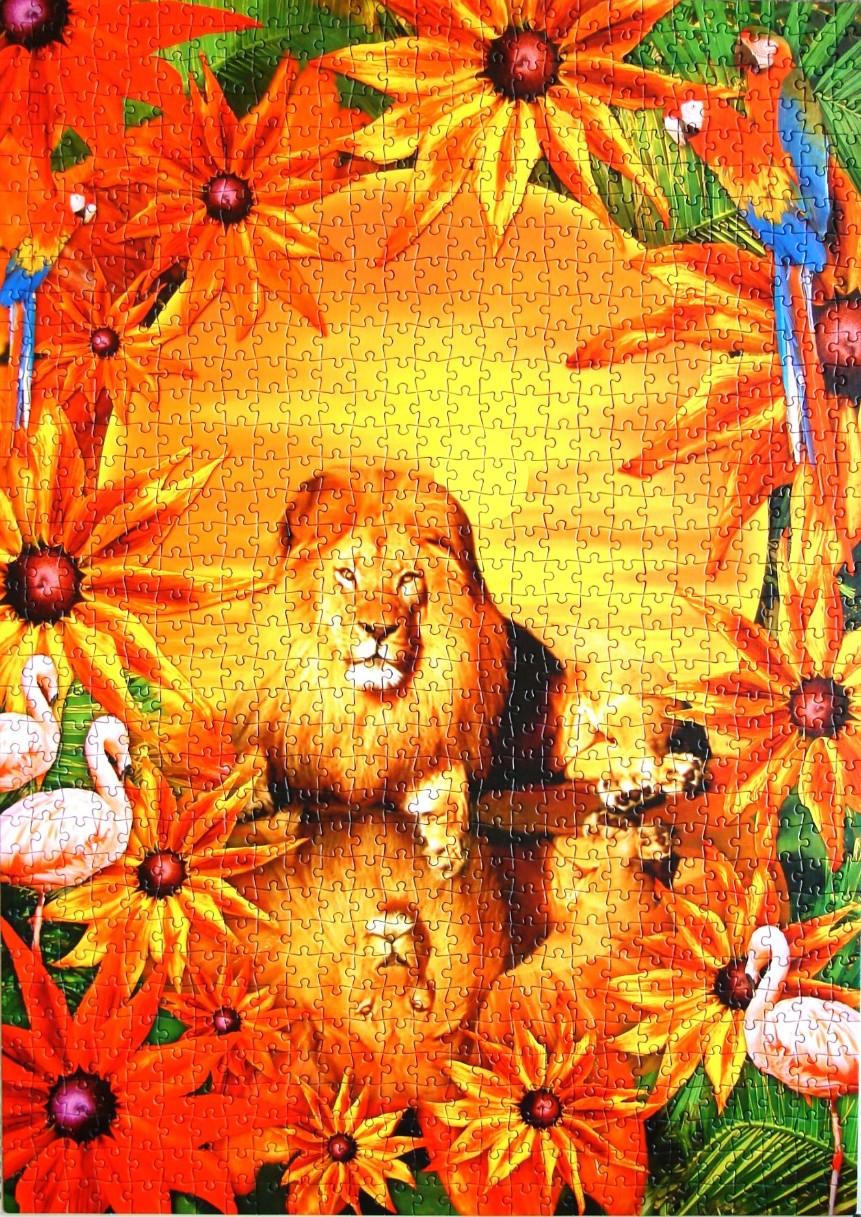 A male lion sitting in front of a setting sun, framed by bright orange flowers, macaws, and flamingos.