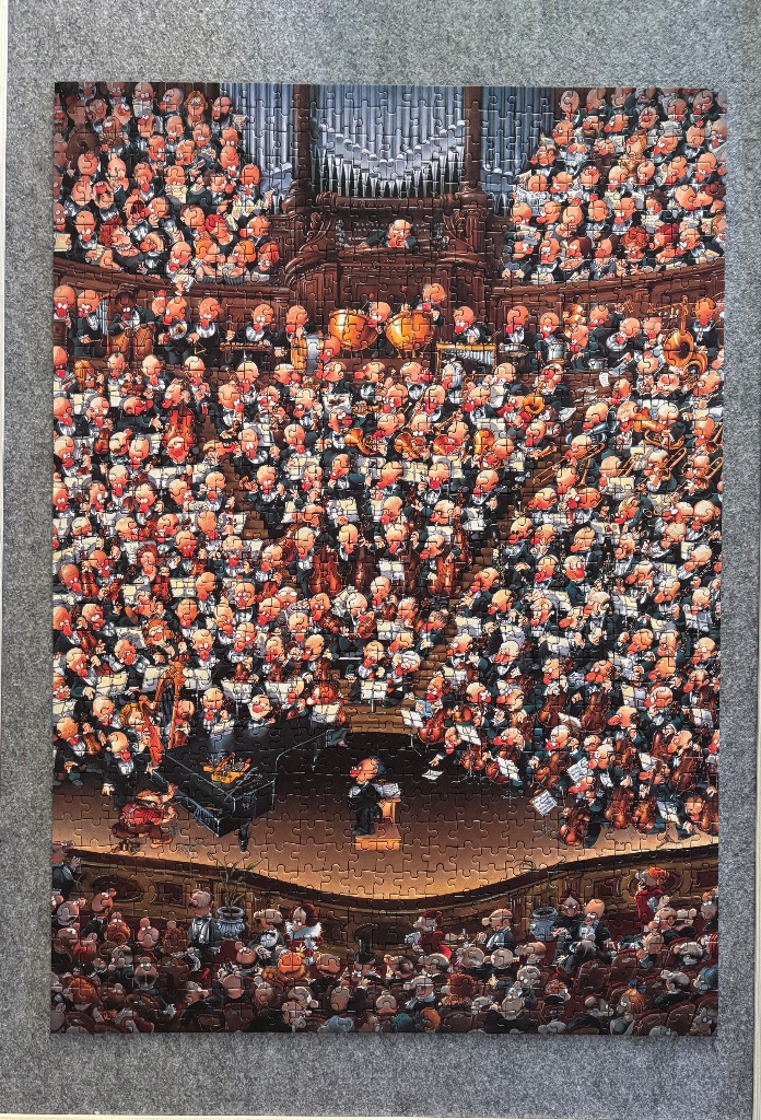 Cartoon illustration of a chaotic symphony orchestra performing in a grand concert hall.