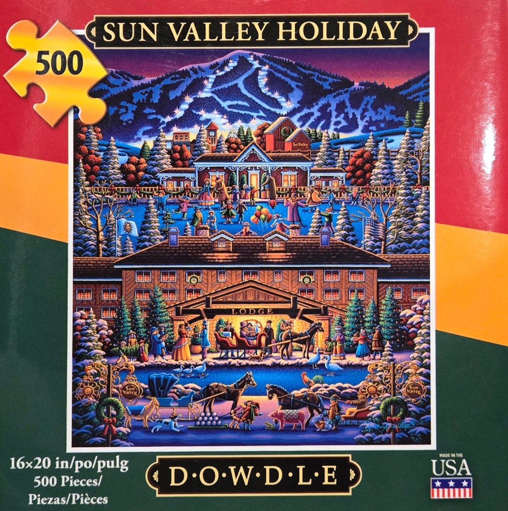 A whimsical folk-art style illustration of a busy, snowy mountain lodge scene at twilight.