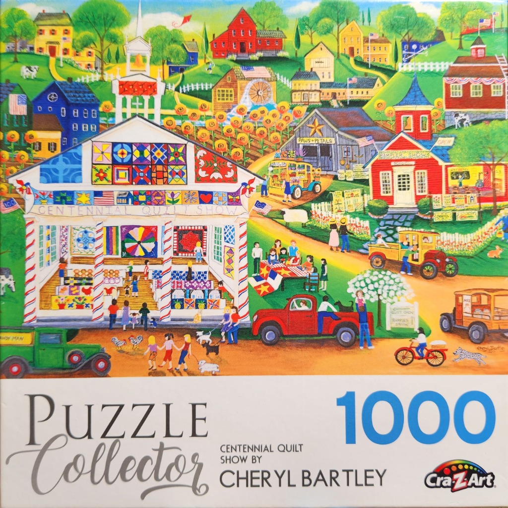 A whimsical folk-art painting of a rural quilt show with colorful buildings, vehicles, and crowds of people.