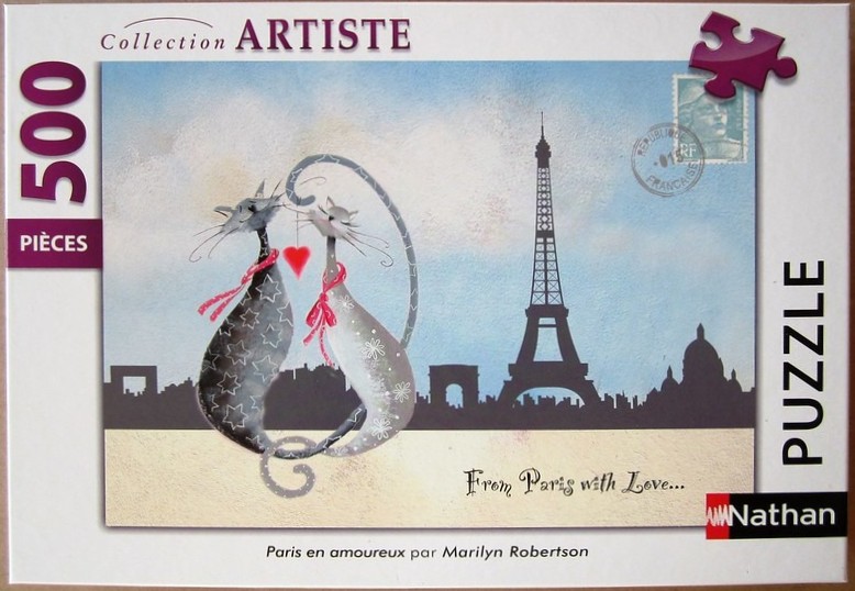 Whimsical illustration of two stylized cats sitting before a Parisian skyline silhouetted against a pale blue sky.