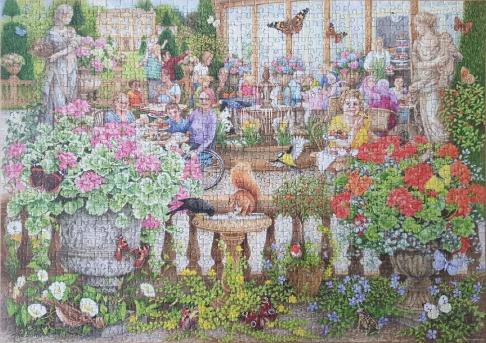 A lively outdoor tea party in a lush, floral garden with stone fountains, statues, and various birds and butterflies.