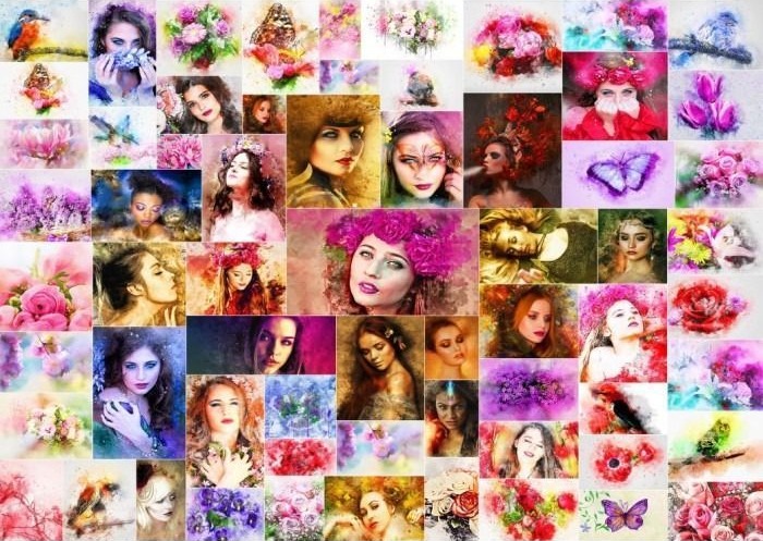 A collage of diverse women’s portraits, vibrant floral arrangements, and butterflies in a soft watercolor style.