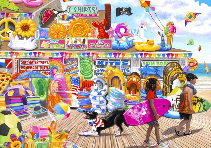 A lively beach boardwalk shop filled with colorful summer inflatables, surfboards, and happy children playing.