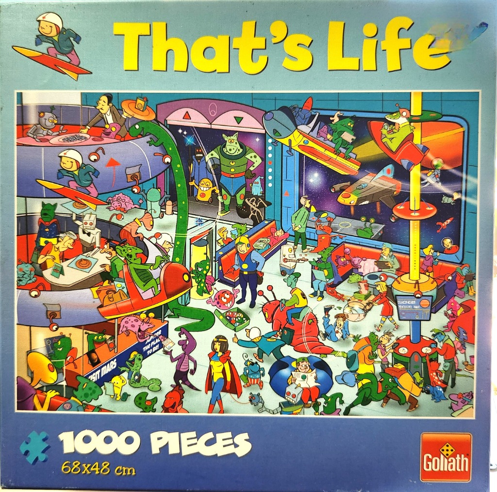 Cartoon illustration of a busy, colorful space station filled with humanoids and aliens