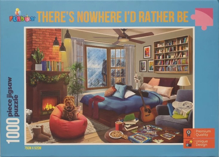 A cozy bedroom scene with a fireplace, a sleeping Shar-Pei dog in a beanbag chair, and a view of rain outside.