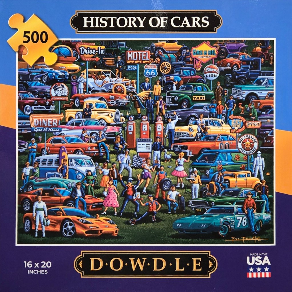 A crowded, stylized illustration featuring a variety of vintage and classic cars, people, and road trip motifs.