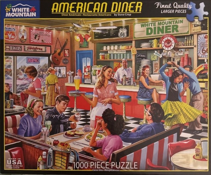 Nostalgic 1950s American diner scene with people eating, dancing, and a waitress serving, in a classic illustration style.