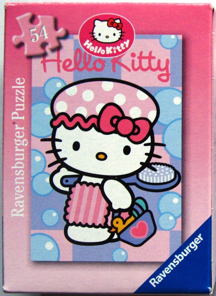 Hello Kitty character taking a bath with a shower cap, brush, and rubber duck.