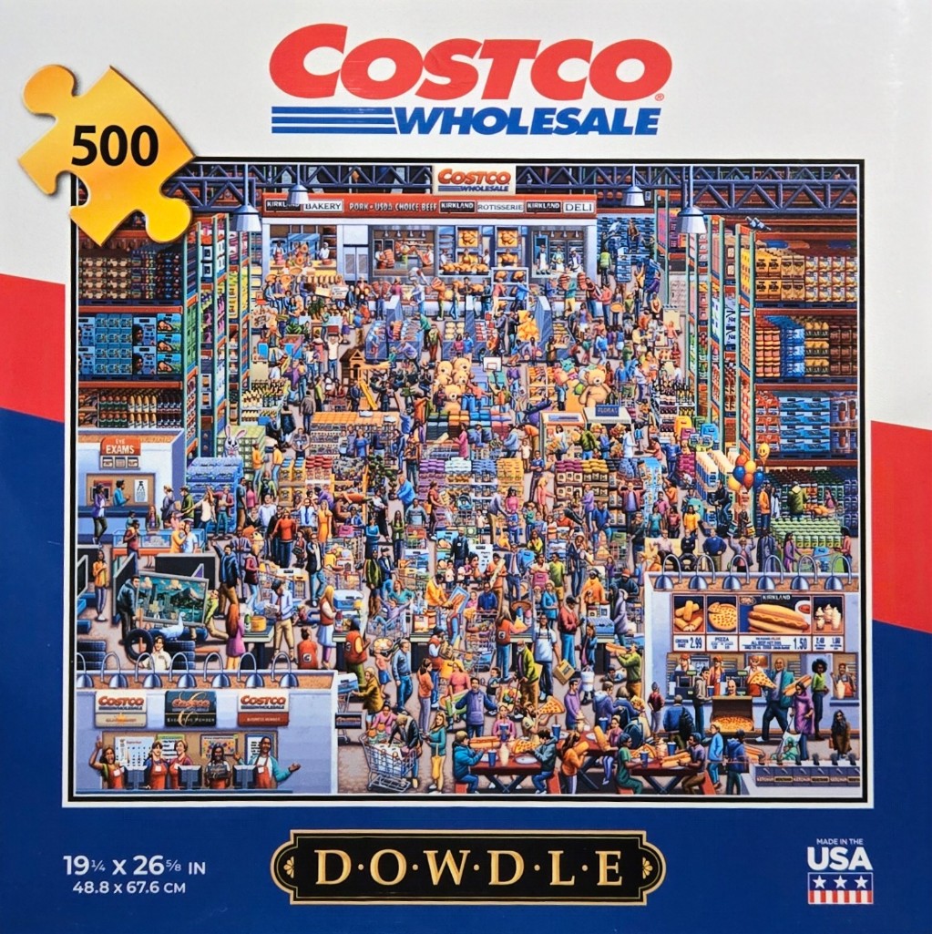 A busy, illustrative scene of a large wholesale warehouse store bustling with many shoppers.