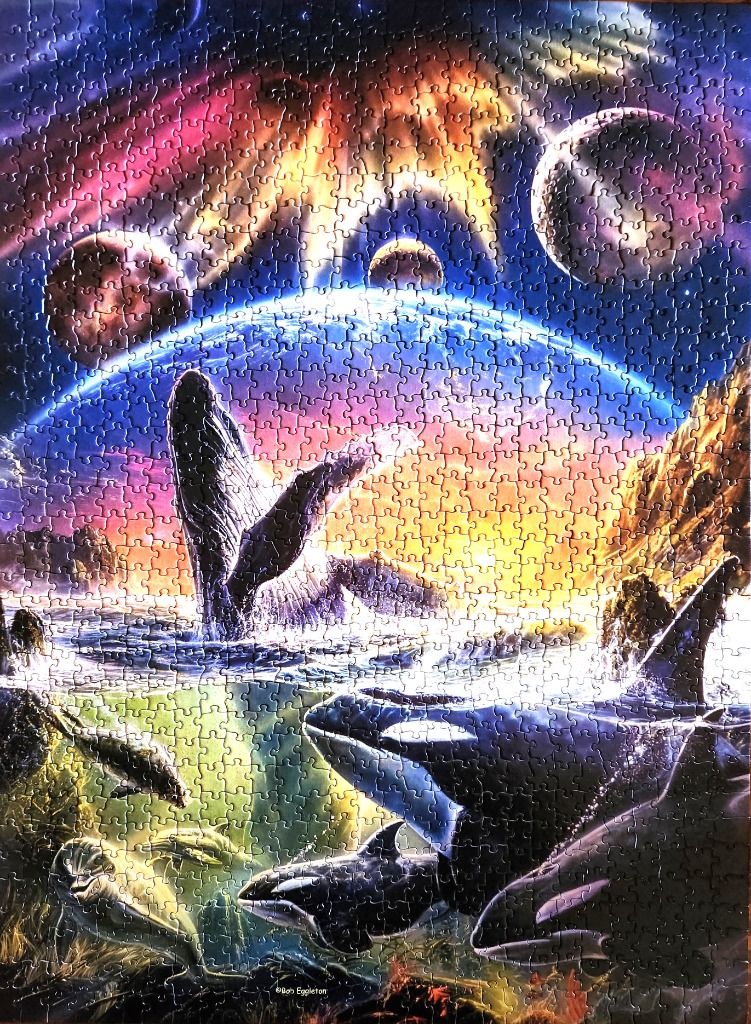 A fantasy illustration of whales and orcas swimming in a cosmic ocean under a vibrant sky with planets.