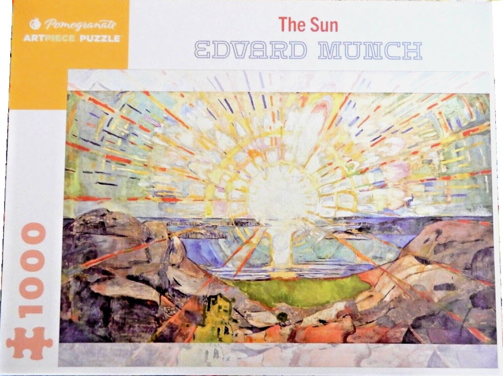 A vibrant expressionist painting by Edvard Munch featuring a brilliant, radiant sun rising over a rocky coastal landscape.