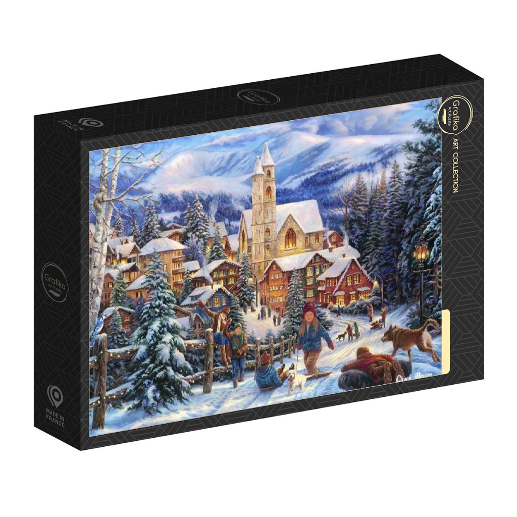 A winter landscape painting of a snowy village scene with a church and people playing in the snow.