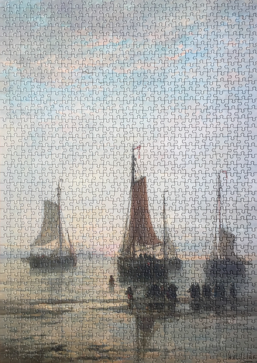 Oil painting of three sailboats on a calm, misty shoreline at sunset.