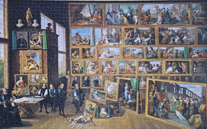 A gallery scene featuring a wall covered in many small paintings with figures observing the art.