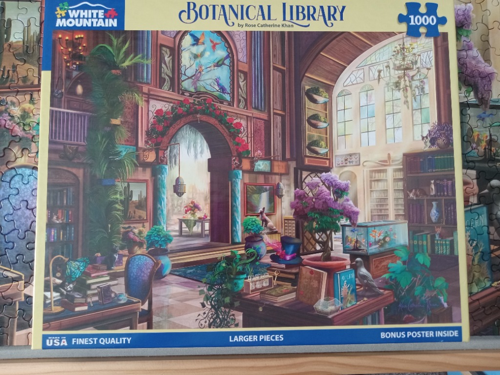 An ornate, sun-drenched library filled with lush indoor plants, floral decor, and vintage furniture.
