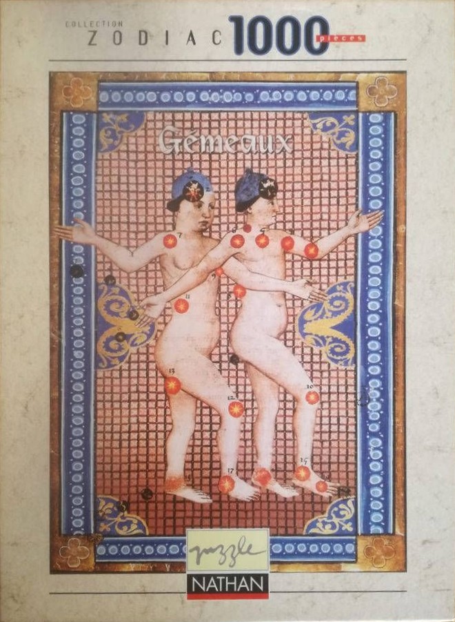 Medieval-style illustration of the Gemini zodiac sign featuring two figures and golden star markings.