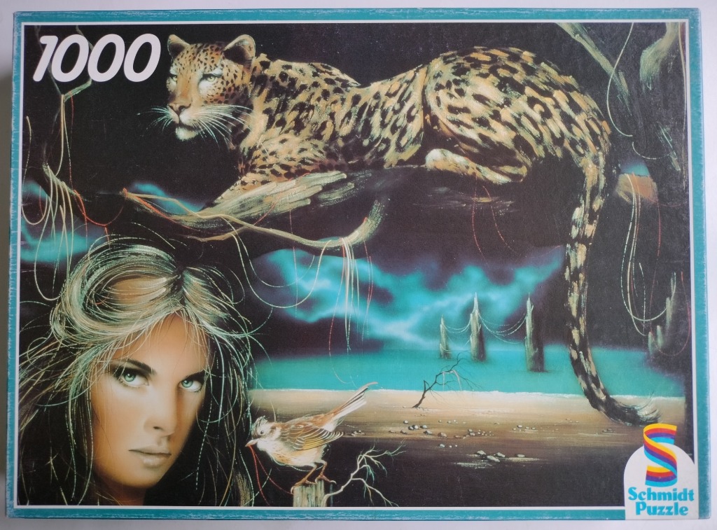 A surreal illustration featuring a leopard on a tree branch above a woman's face and a small bird in a dreamlike landscape.