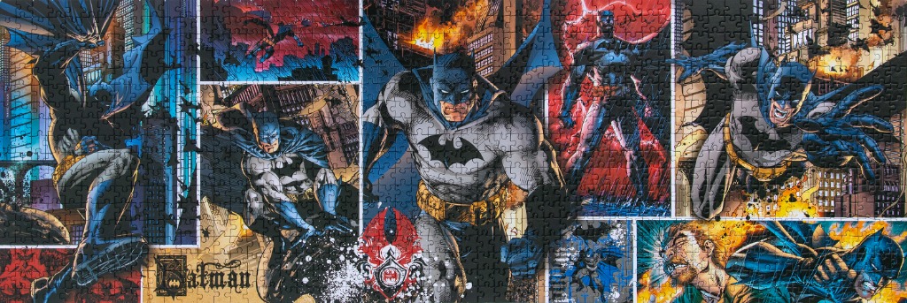A collage of comic book panels featuring Batman in various action poses and urban settings.