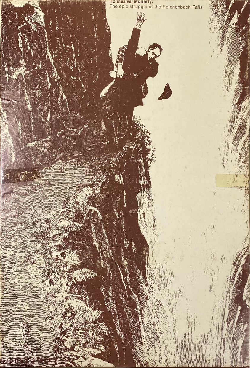 Illustration of two men locked in a struggle on a cliff edge at Reichenbach Falls.
