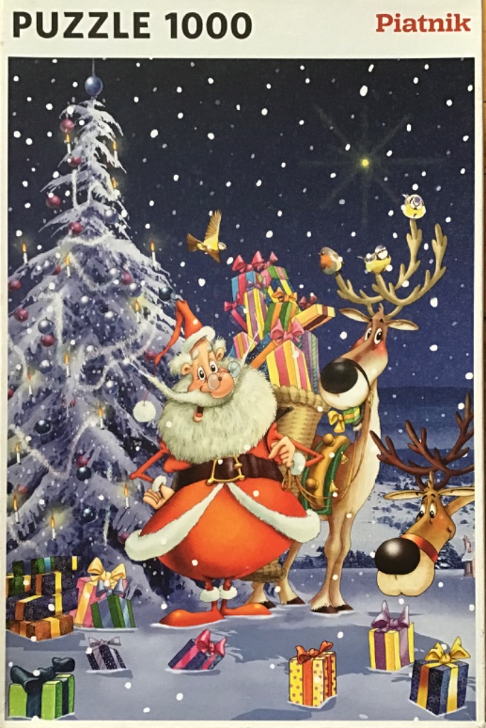 Cartoon illustration of Santa Claus, two reindeer, and many gifts in a snowy night scene