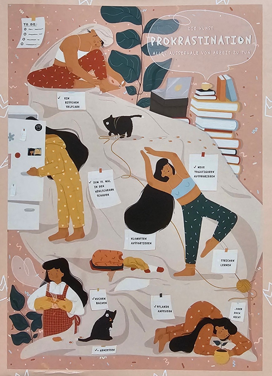 An illustration showing women engaging in various domestic procrastinating activities in a soft, muted color palette.