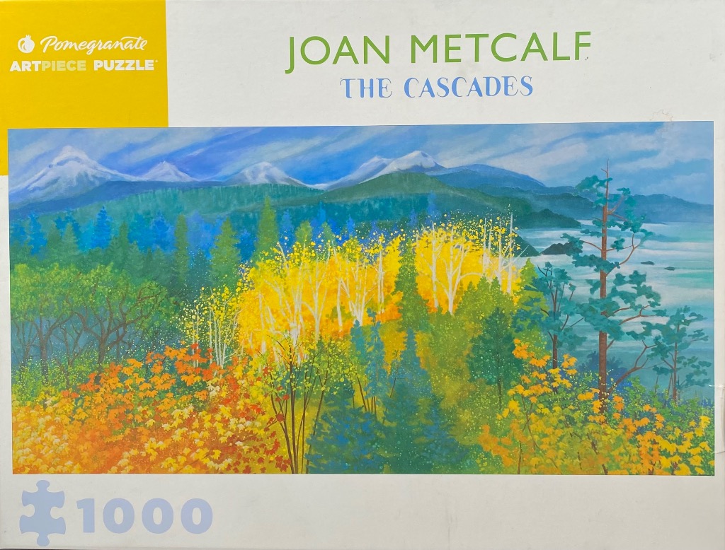 An oil painting of a lush forest during autumn with snow-capped mountains in the background.