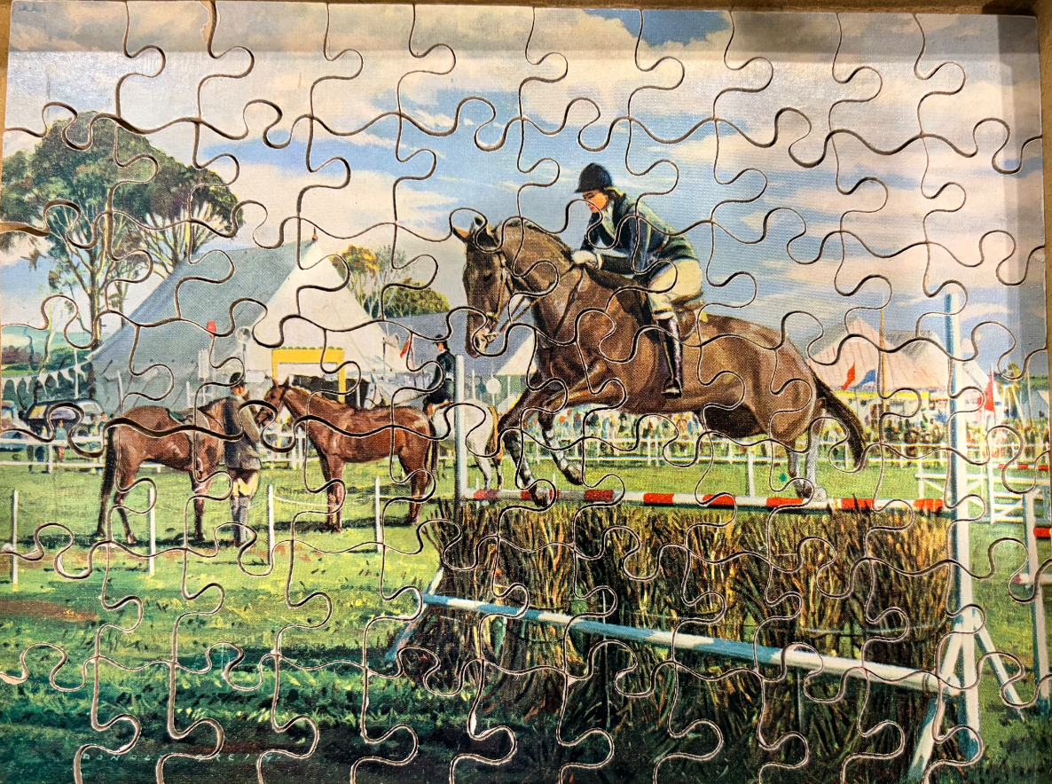 An equestrian show jumping competition scene with a rider clearing a hurdle against a backdrop of tents and spectators.