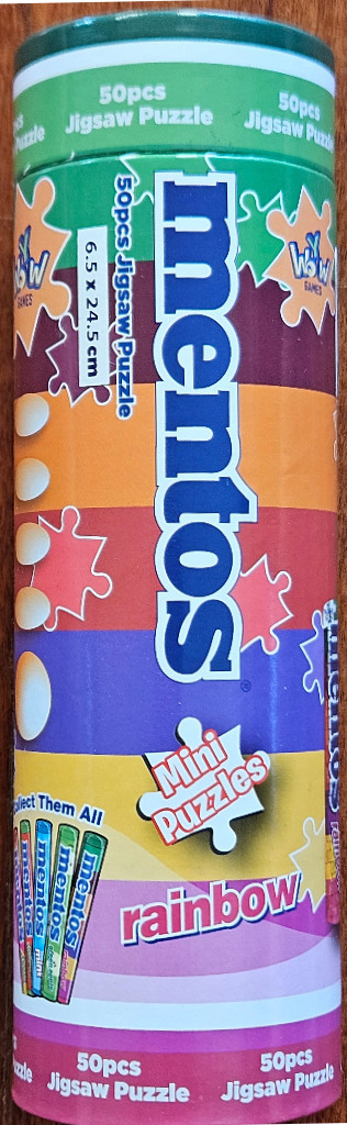 A cylindrical container featuring colorful horizontal stripes and the Mentos logo surrounded by puzzle piece graphics.
