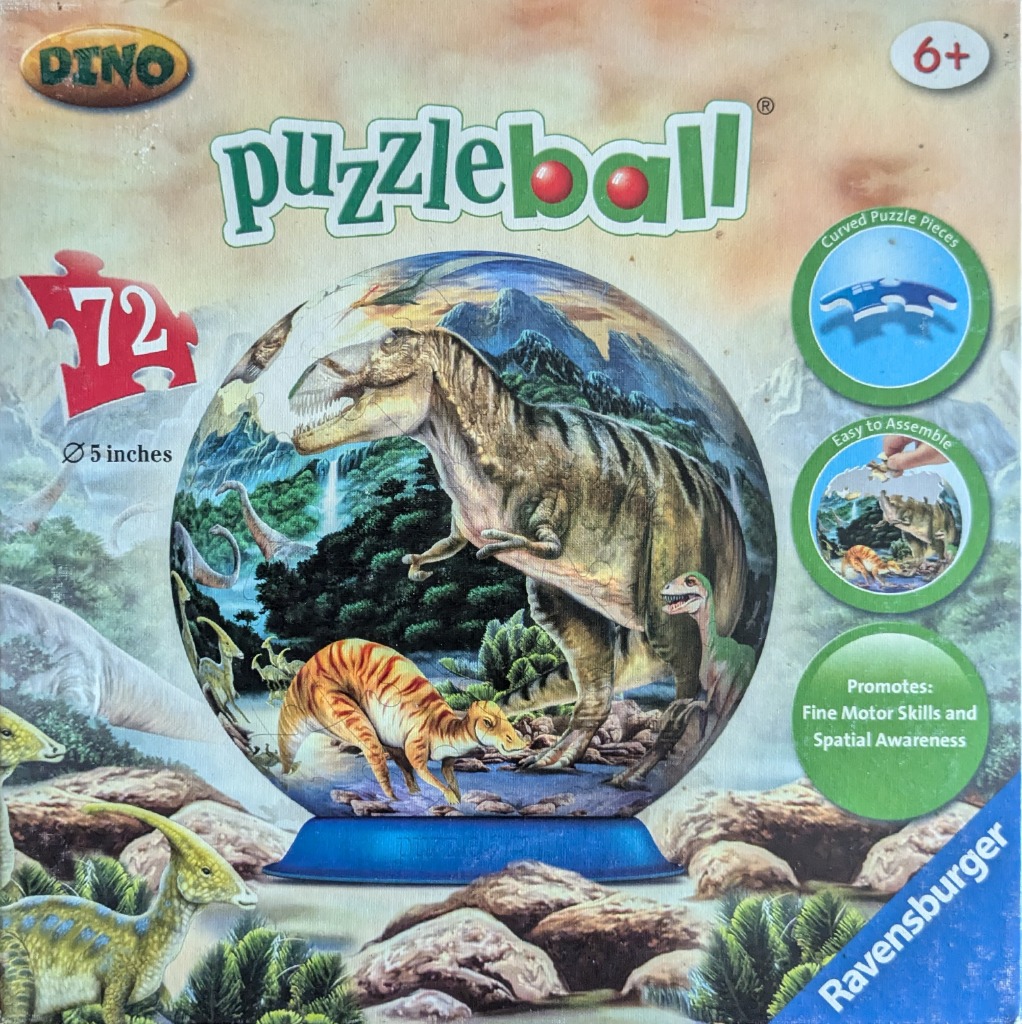 A spherical illustration of a prehistoric landscape with a Tyrannosaurus rex and other dinosaurs.