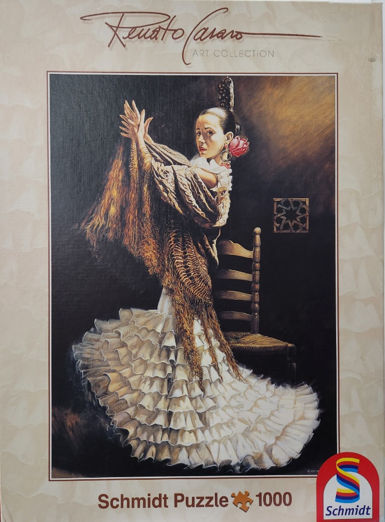 A painting of a flamenco dancer in a white ruffled dress with a shawl, posing next to a wooden chair against a dark backgroun
