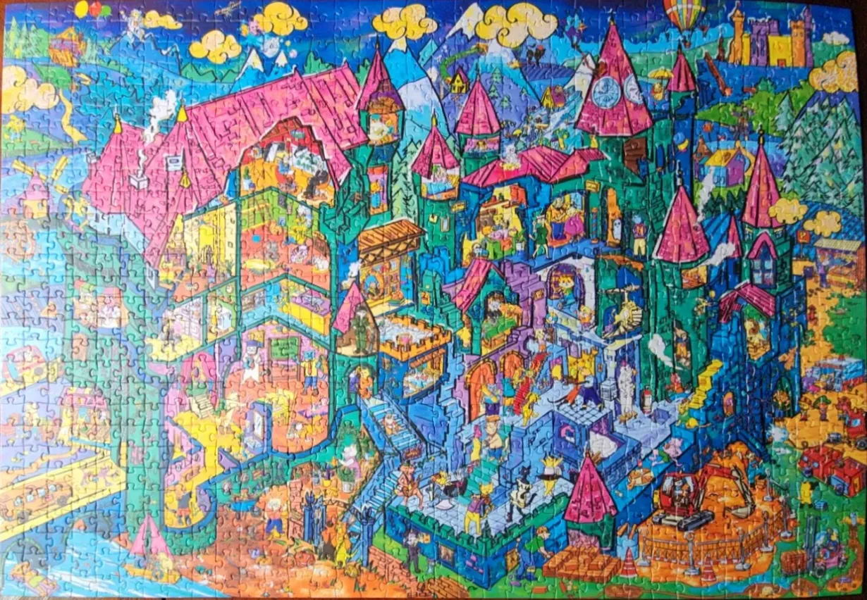 Cartoon illustration of a busy, colorful multi-story castle filled with characters and rooms.