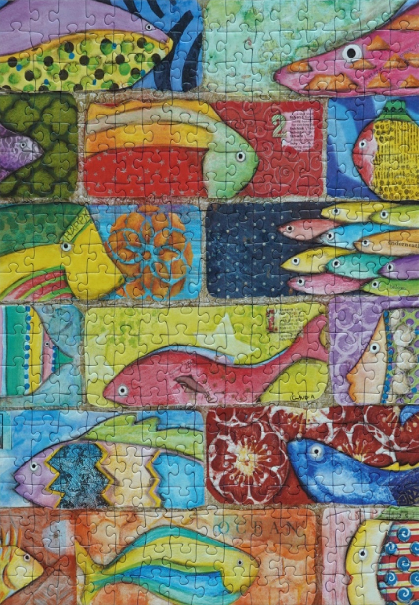 A whimsical collage of stylized, brightly colored fish arranged in a grid pattern resembling a brick wall.