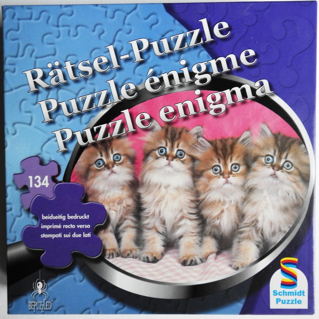 Four fluffy brown tabby kittens sitting in a row viewed through a magnifying glass.