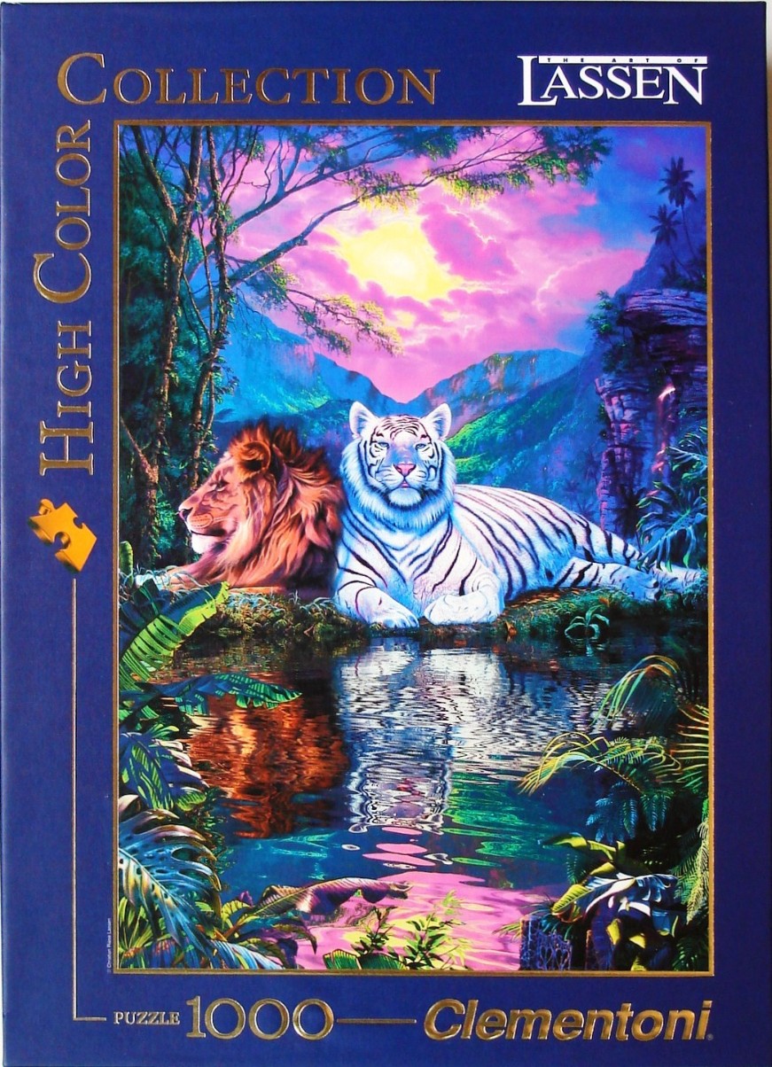 A male lion and a white tiger resting together by a vibrant jungle pond at sunset.