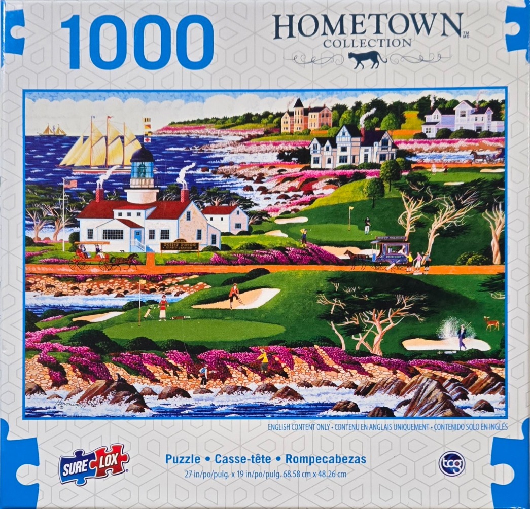 A nostalgic painting of a coastal lighthouse, a golf course with players, and historic homes overlooking the ocean.