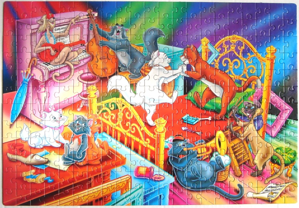 Animated scene with multiple cartoon cats playing instruments and dancing in a vibrant room.