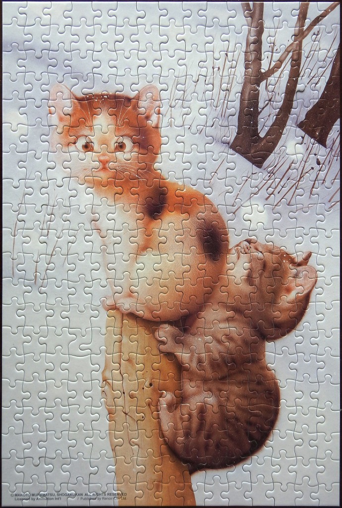 Two kittens climbing a wooden post in a snowy landscape illustration