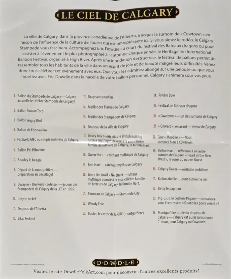 A document titled Le Ciel de Calgary listing thirty-four cultural and regional landmarks in French.