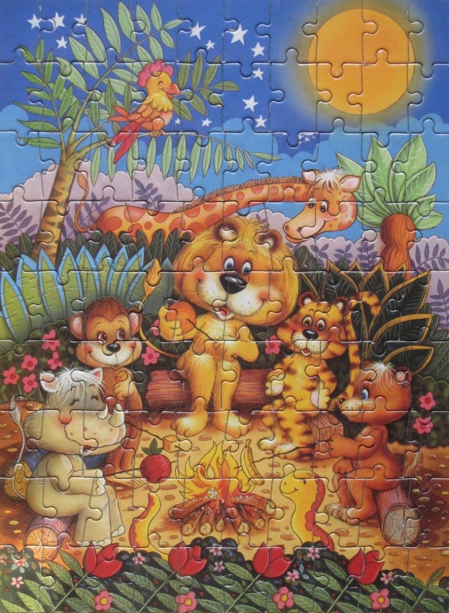 Cartoon animals sitting around a campfire at night under a large yellow moon.