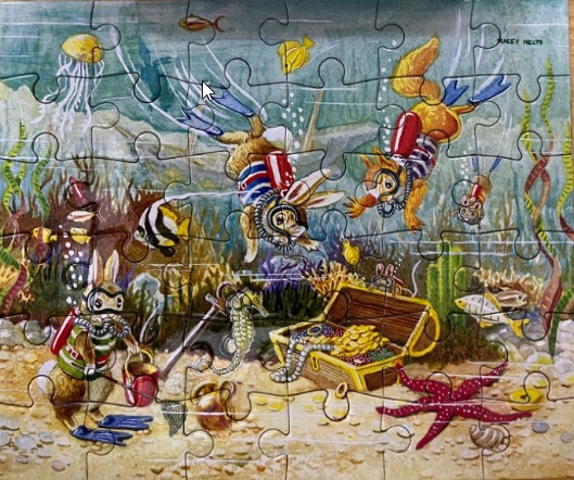 A whimsical illustration of anthropomorphic rabbits and a squirrel scuba diving in a coral reef with a treasure chest.