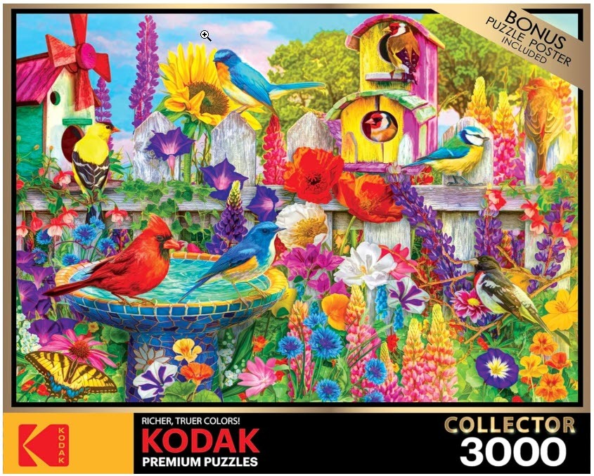 Vibrant garden scene with a blue birdbath, colorful songbirds, and blooming flowers.