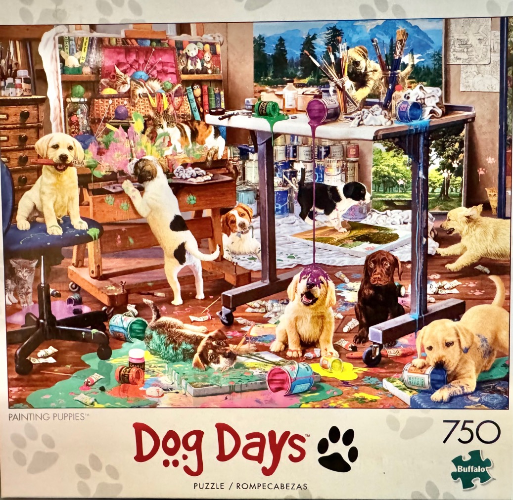 A lively art studio scene featuring multiple puppies playing with paints and brushes.