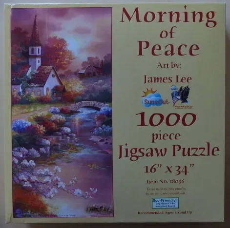 A peaceful country scene with a stone chapel, a creek, and blooming flowers at sunrise.