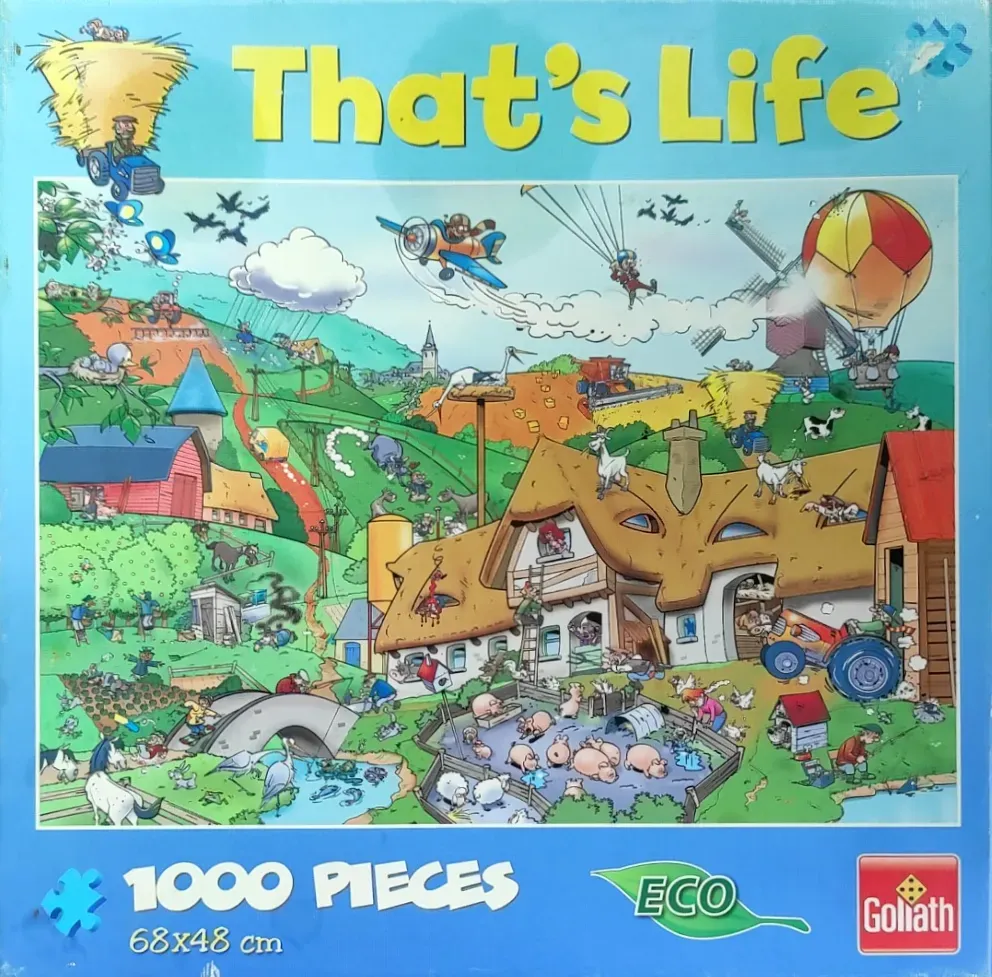 Cartoon illustration of a busy, chaotic countryside scene with a farm, animals, and whimsical aerial activity.