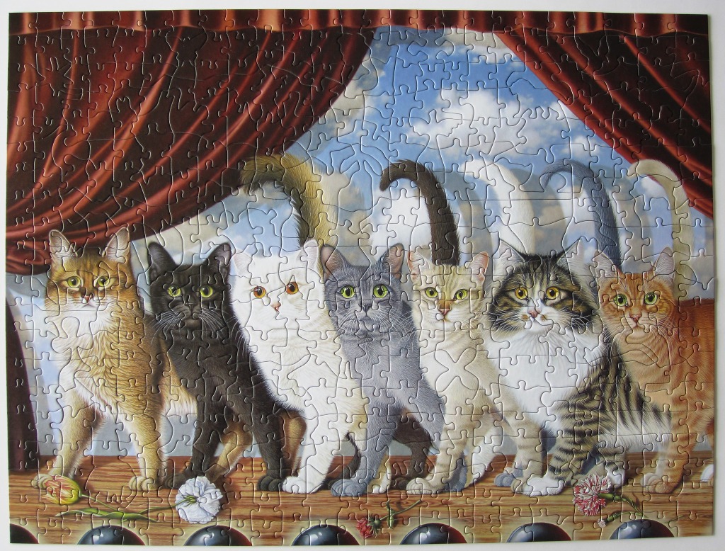 Seven cats of various breeds and colours standing in a line before a red curtain backdrop.
